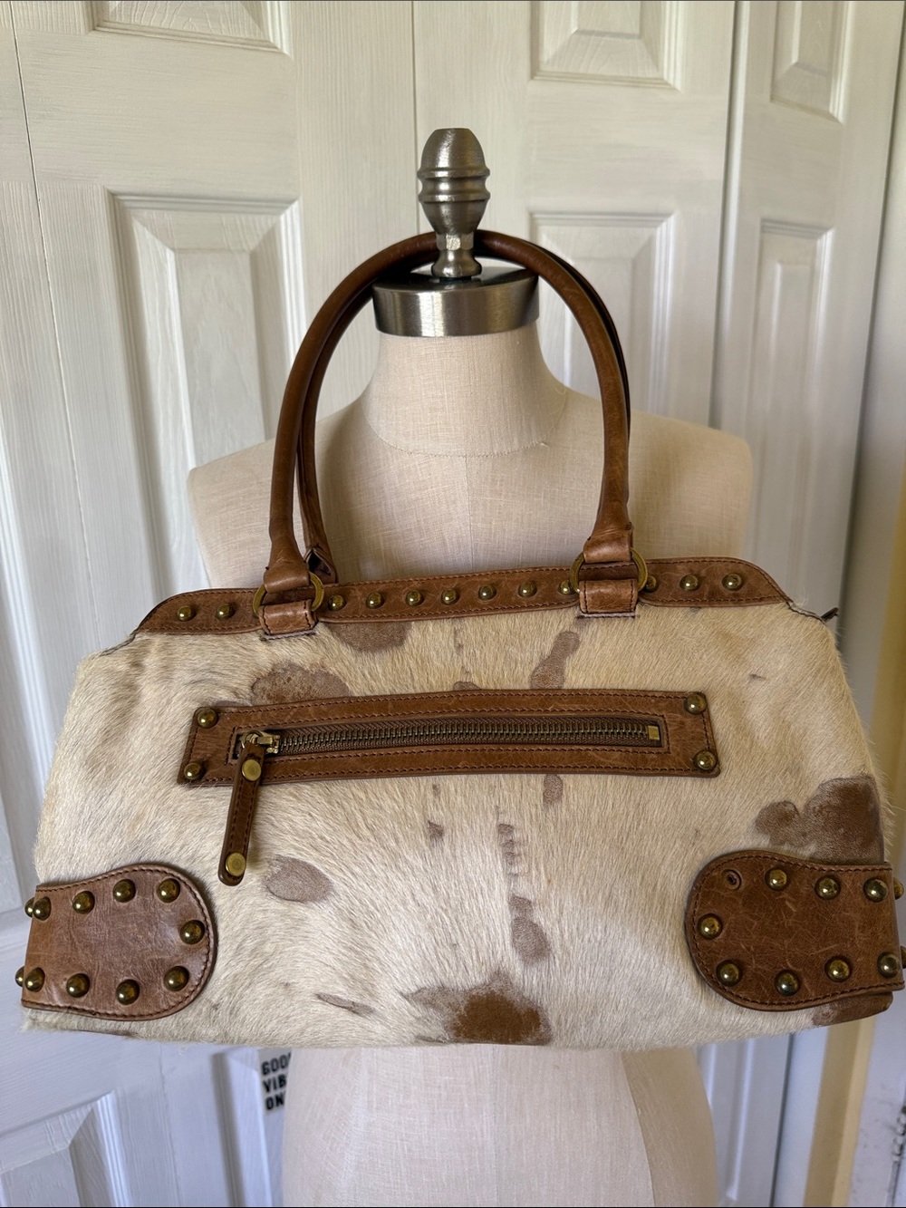 Kooba Cream and Brown Cowhide Satchel with Studded Trim